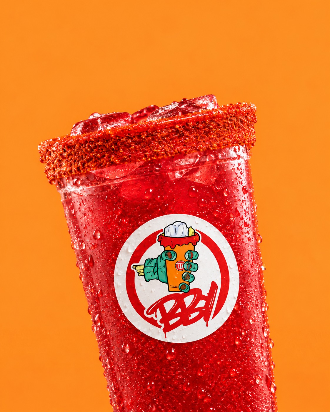 Michelada BBY de frutos rojos en vaso gigante escarchado, cubierta de gotas, sobre fondo naranja
