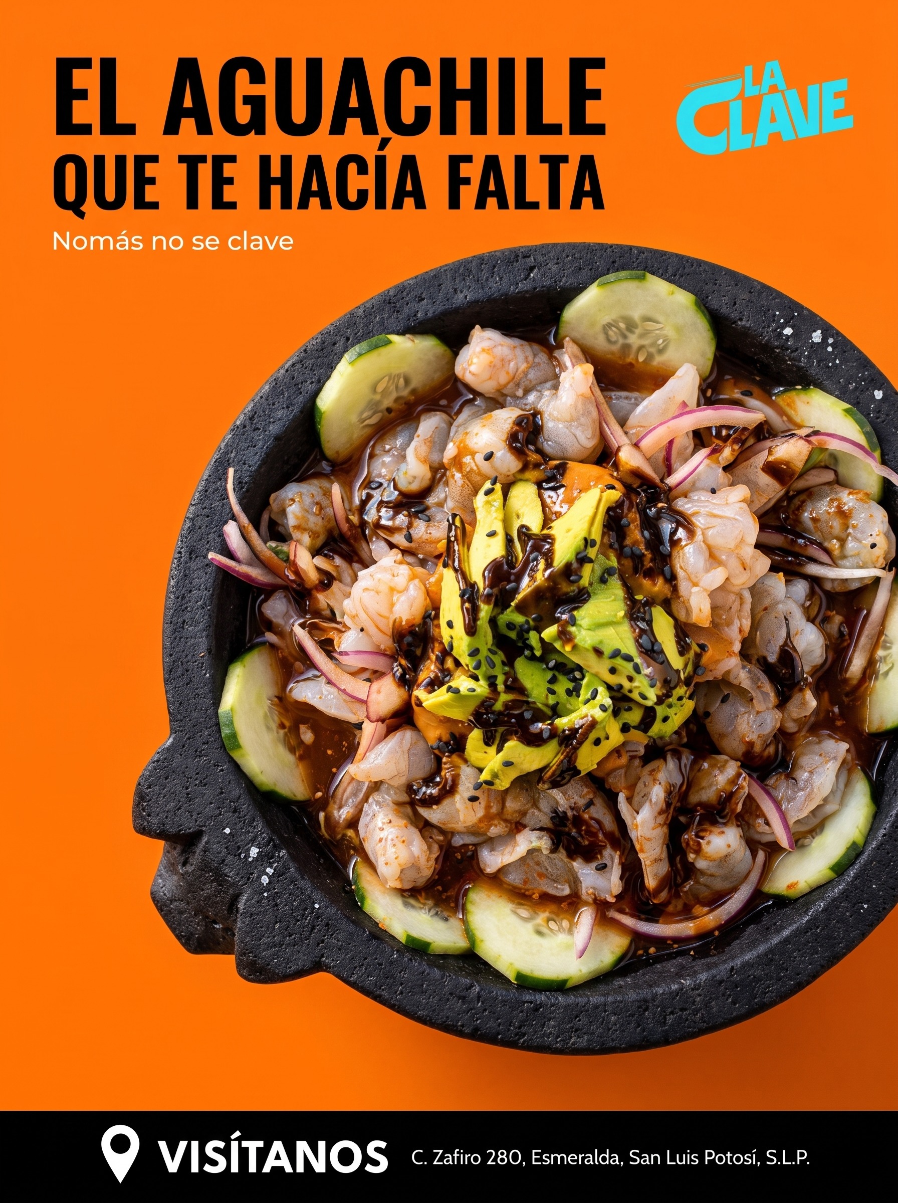 Anuncio estático: El aguachile que te hacía falta, molcajete de aguachile sobre fondo naranja