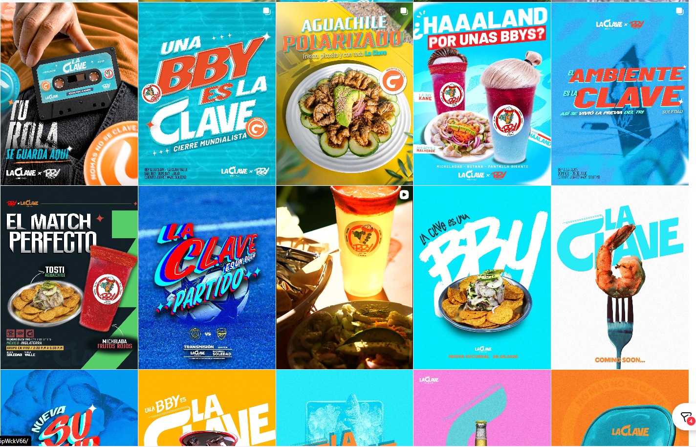 Captura del feed de Instagram de La Clave: pósters de BBY, Aguachile Polarizado, El Match Perfecto y partidos