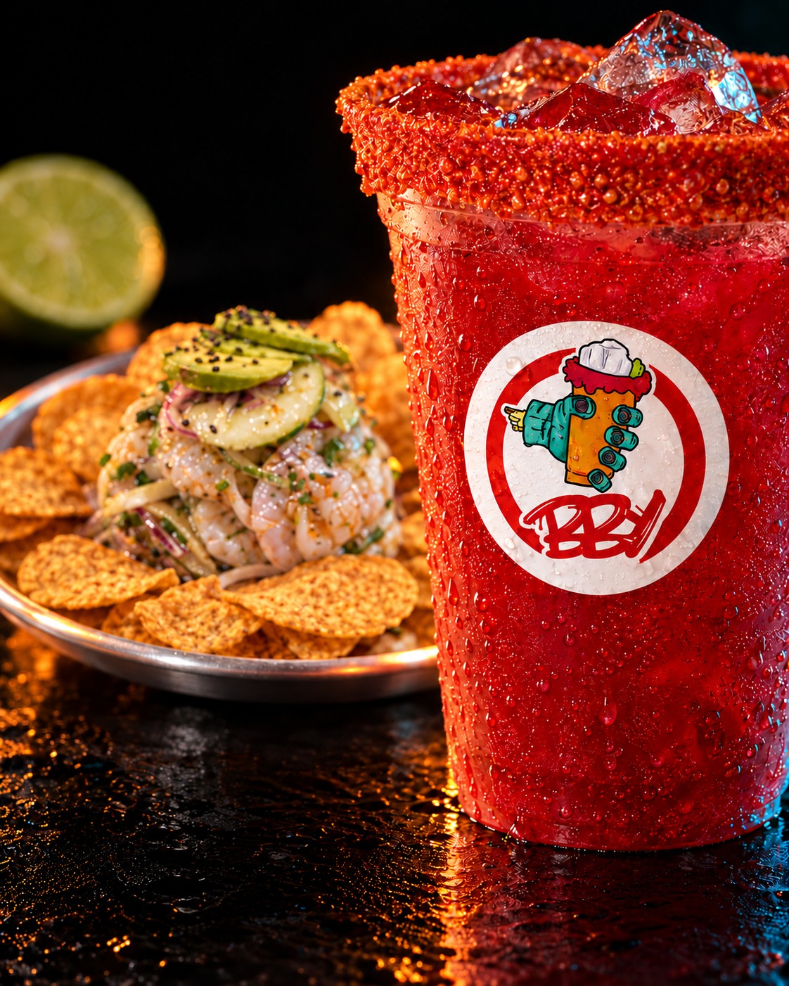Tosti aguachile de camarón con pepino y aguacate junto a una michelada BBY escarchada